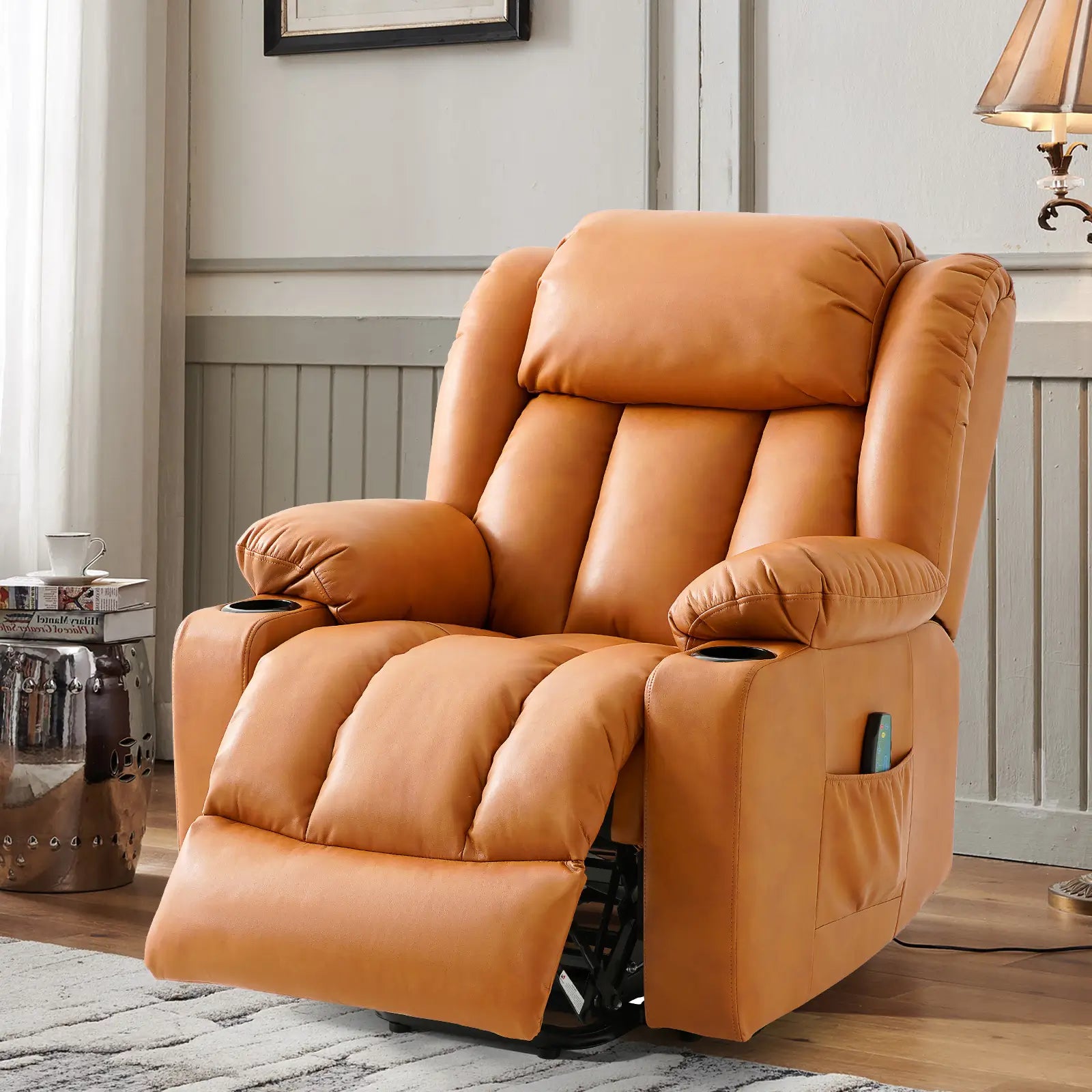 Large Lift Recliner Chair with Heat and Massage recline mechanism#Color_Orange