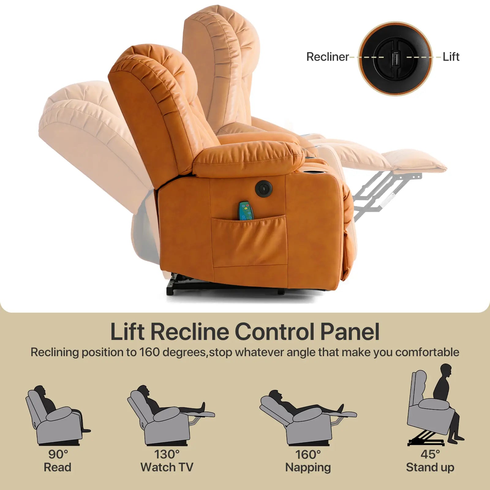 Large Lift Recliner Chair with Heat and Massagecontrol from 45° to 160°#Color_Orange