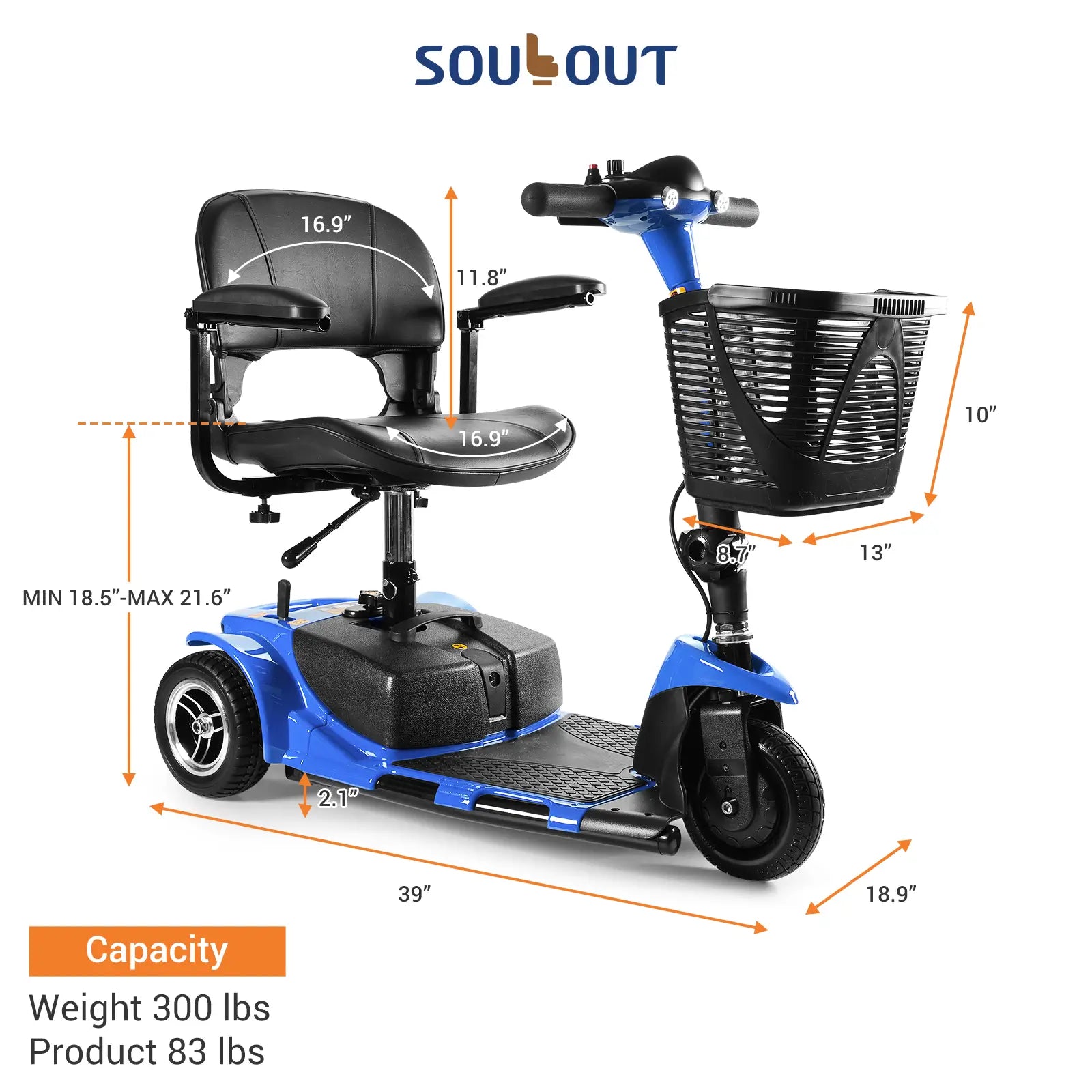 Soulout 3 Wheel Electric Mobility Scooter-Blue*size