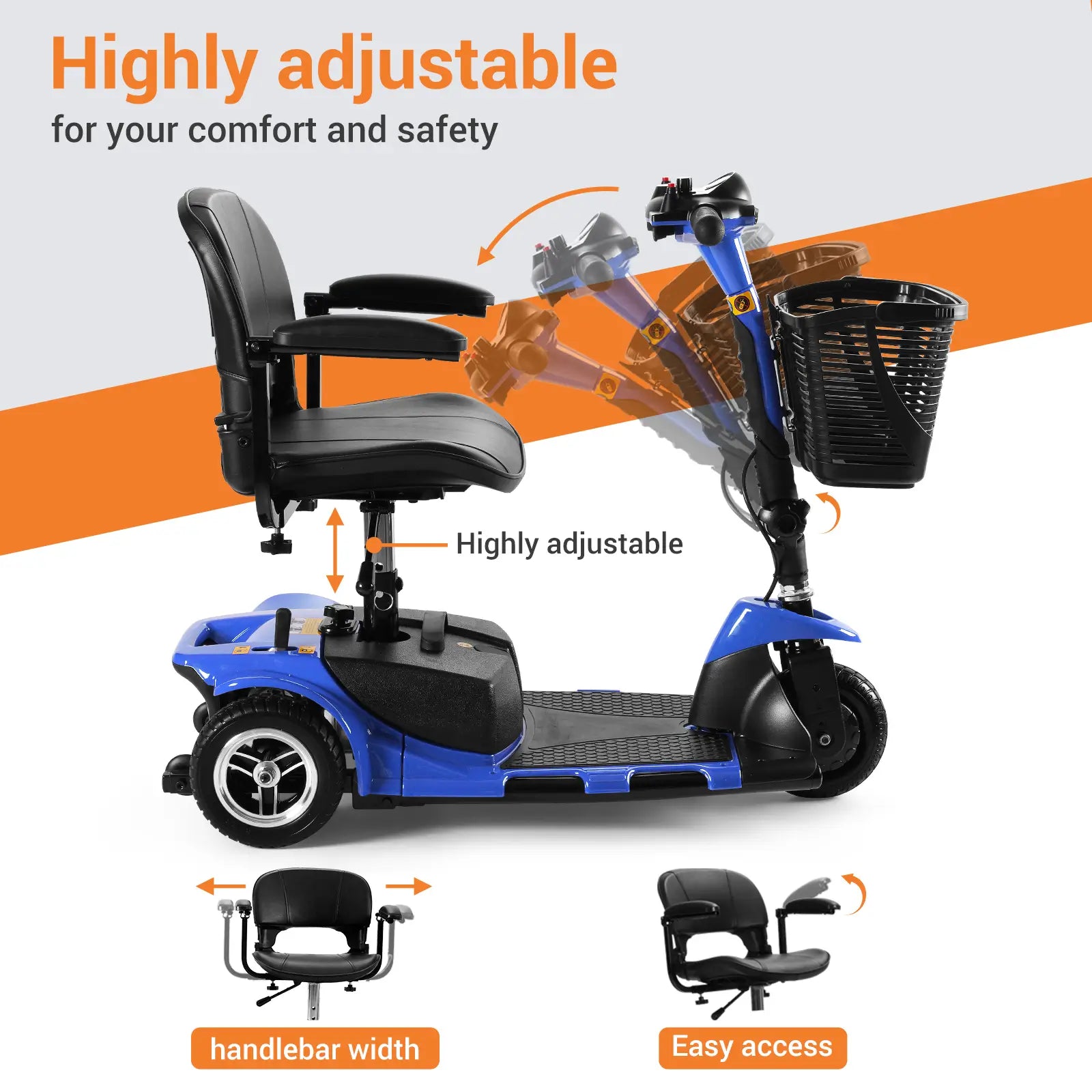 Soulout 3 Wheel Electric Mobility Scooter-Blue-highly adjustable