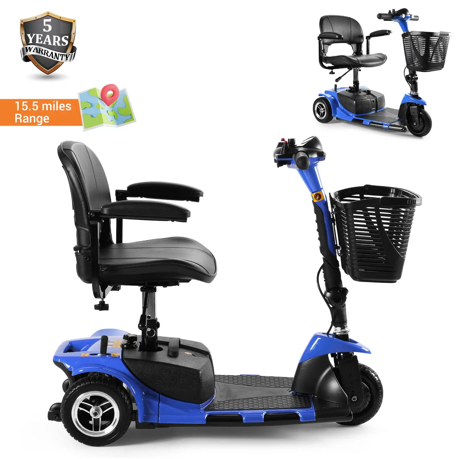 Soulout 3 Wheel Electric Mobility Scooter-Blue-15.5miles range
