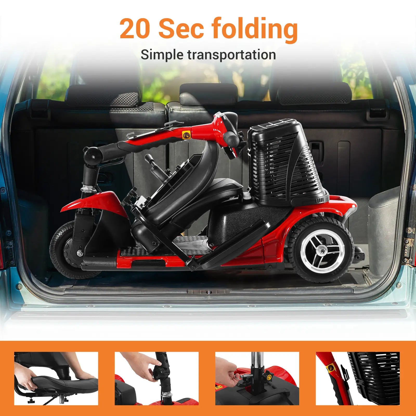 Soulout 3 Wheel Electric Mobility Scooter-Red-folding