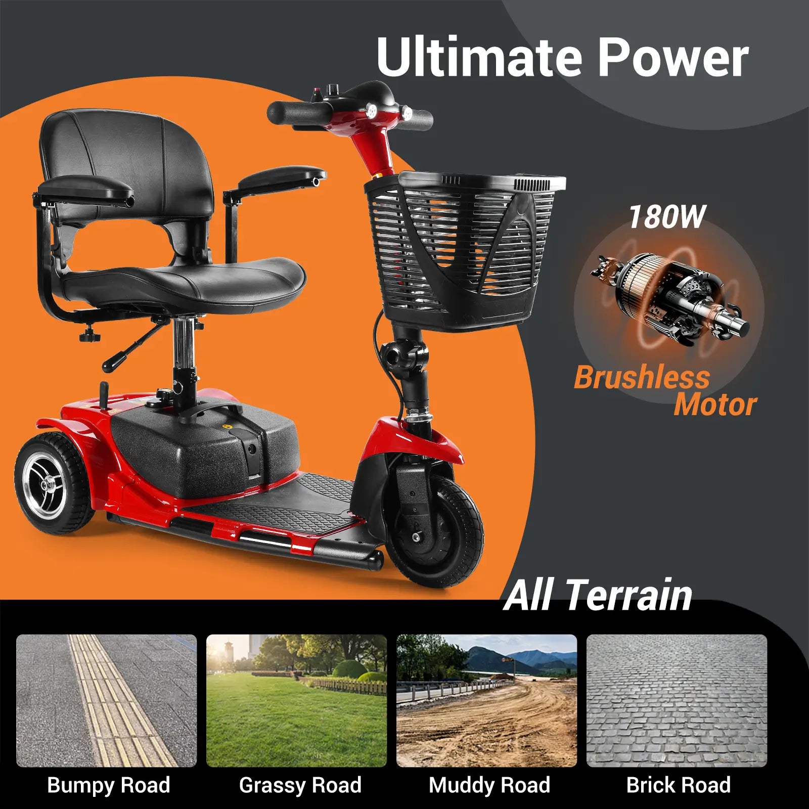 Soulout 3 Wheel Electric Mobility Scooter-Red-all terrain