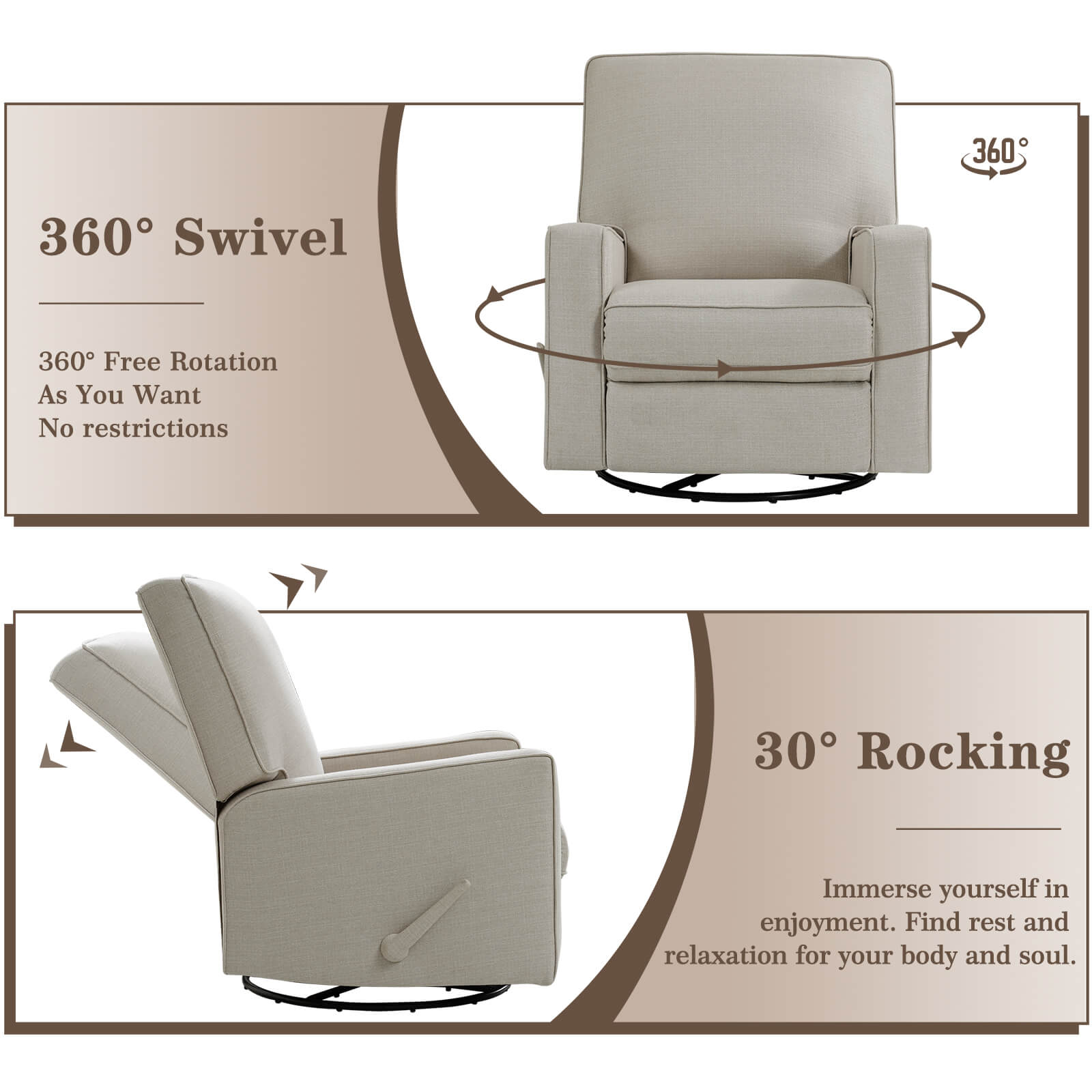 Swivel Glider Rocking Chair Manual Recliner, Beige Fabric