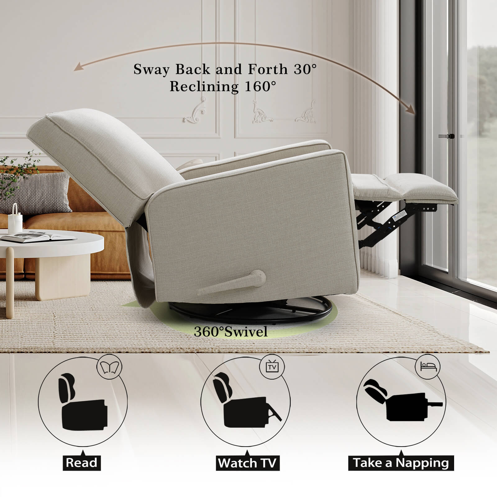 Swivel Glider Rocking Chair Manual Recliner, Beige Fabric