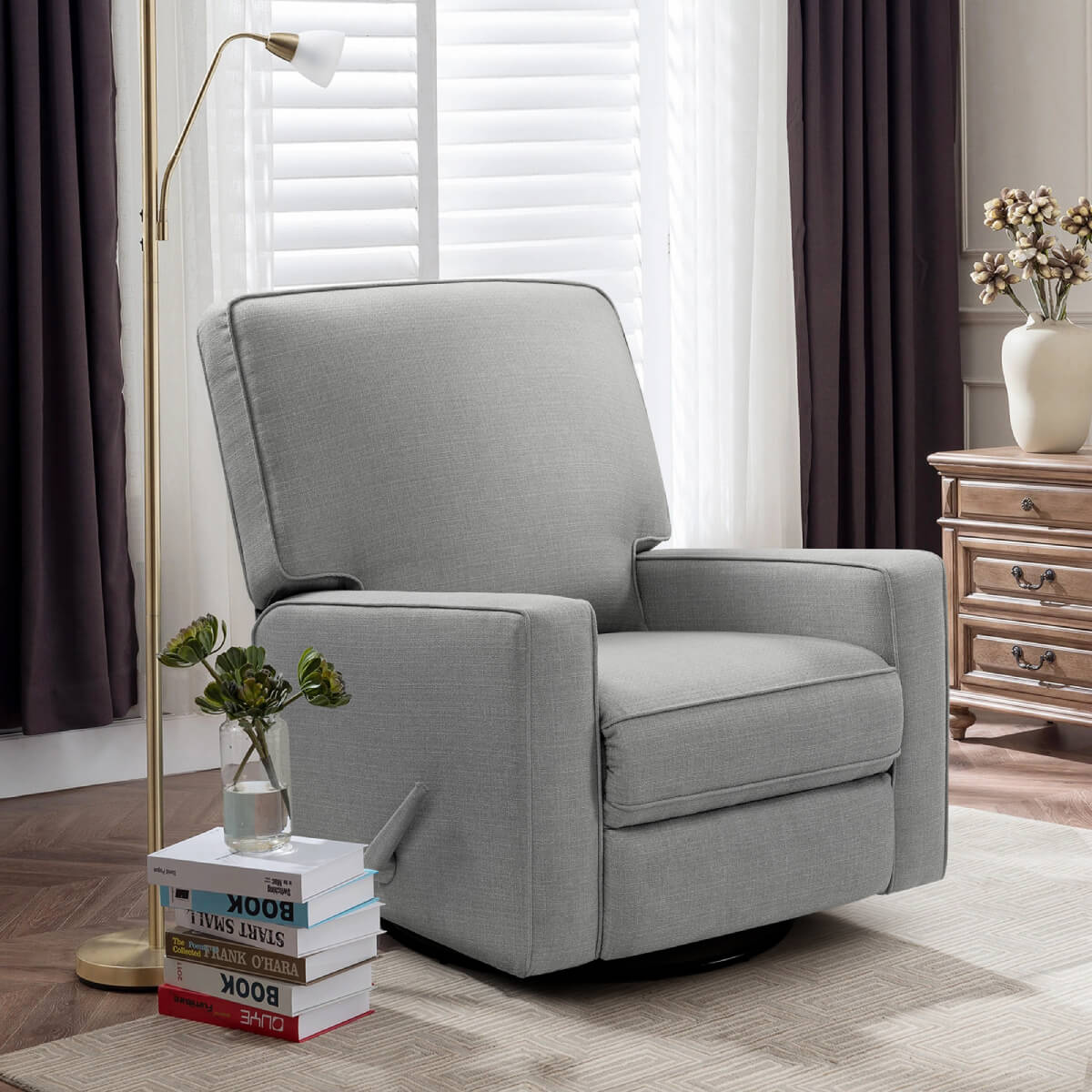 Swivel Glider Rocking Chair Manual Recliner, Grey Fabric