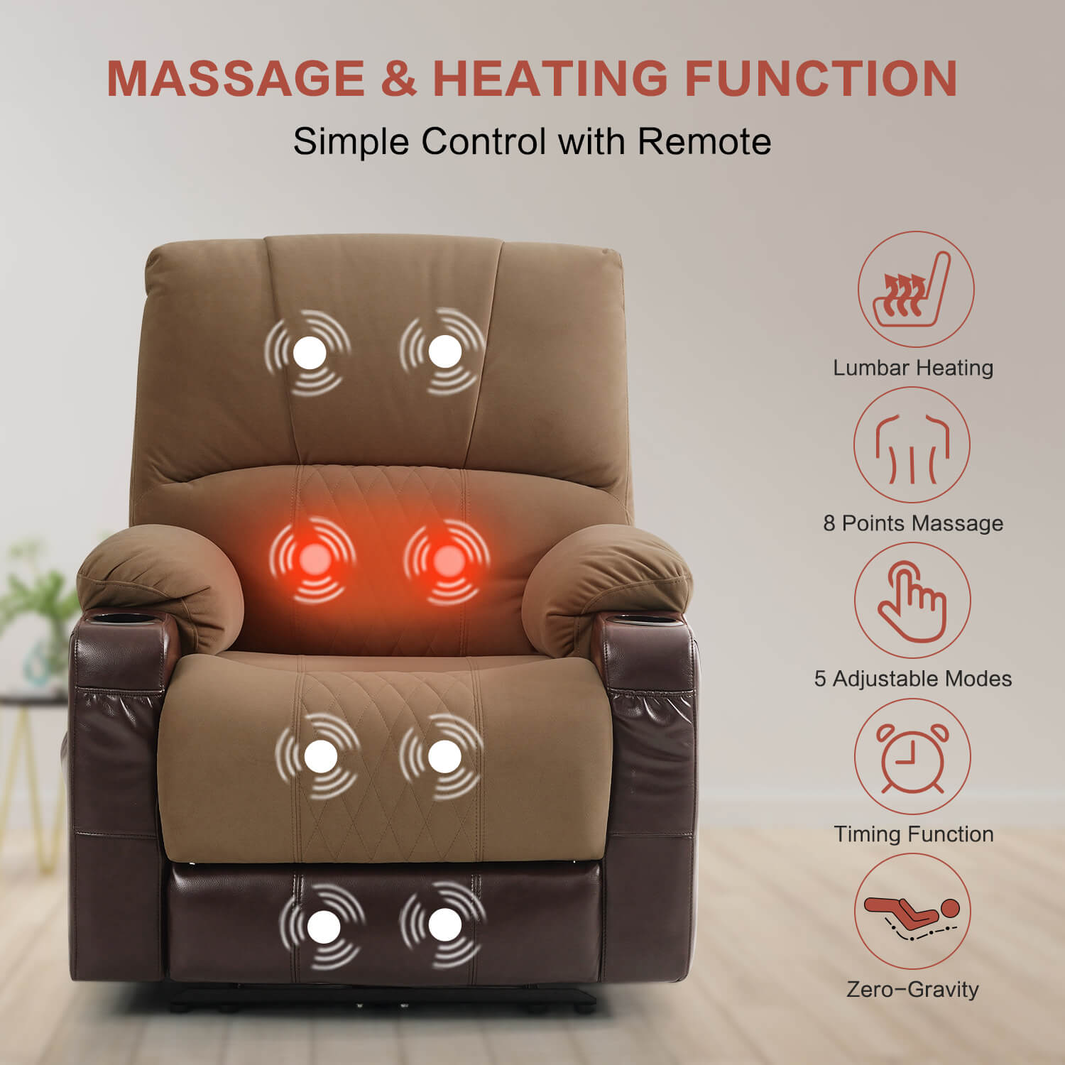 Wall hugger lift chair with heat store and massage