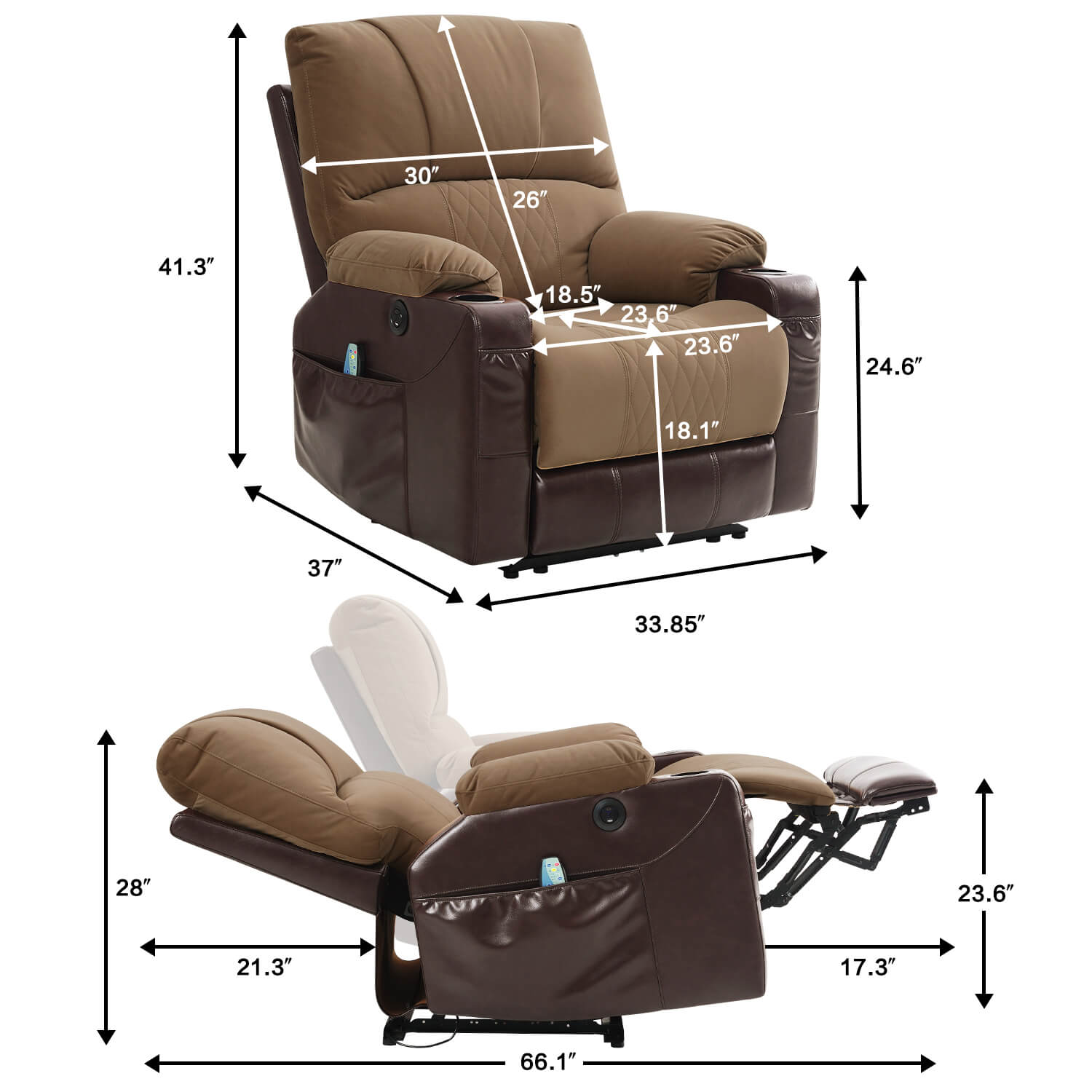 Power Recliner Chair with Heat and Massage, Wall Hugger, Fabric Light Brown