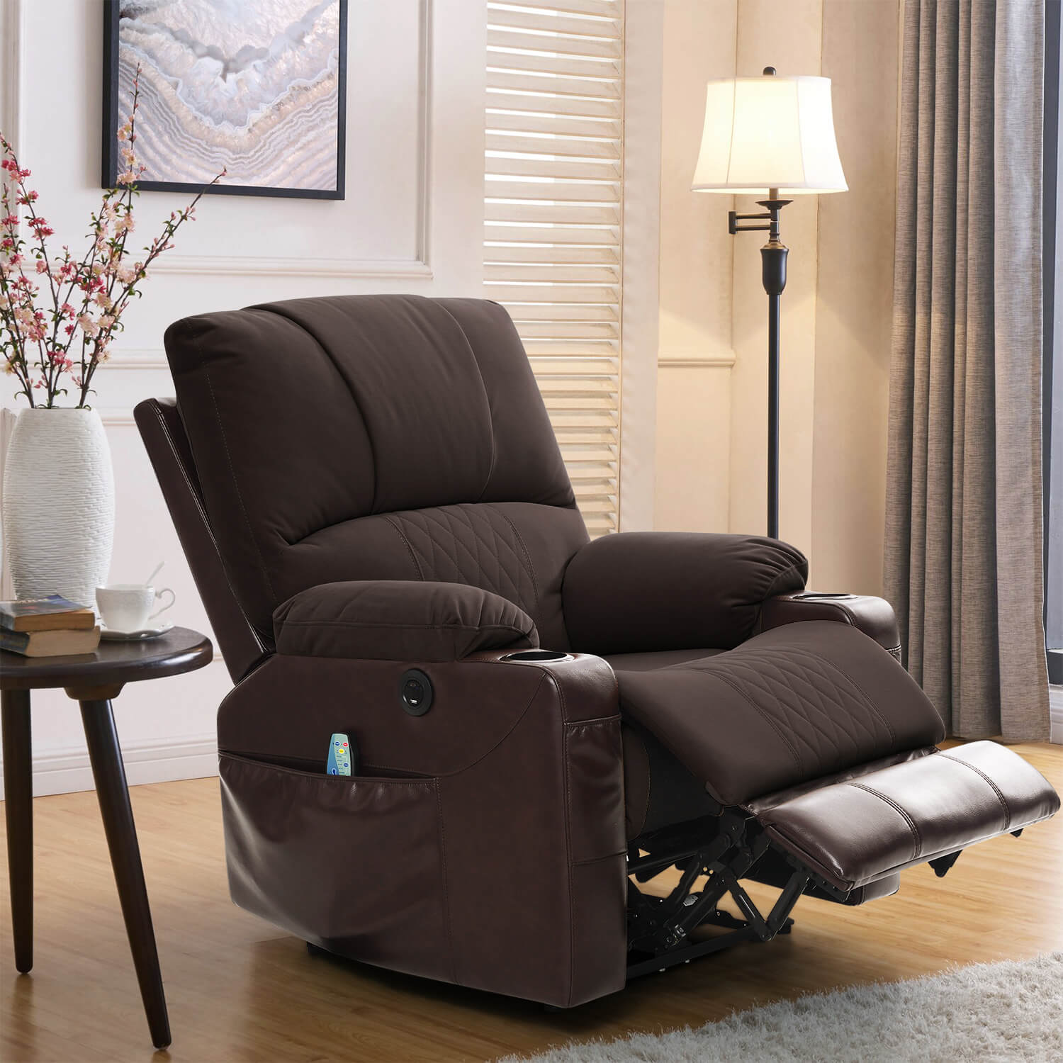 Power Recliner Chair with Heat and Massage, Wall Hugger, Fabric Brown