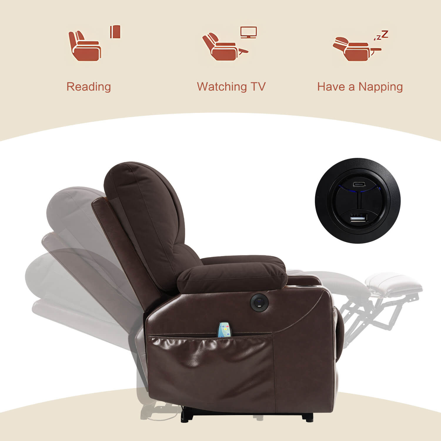 Power Recliner Chair with Heat and Massage, Wall Hugger, Fabric Brown