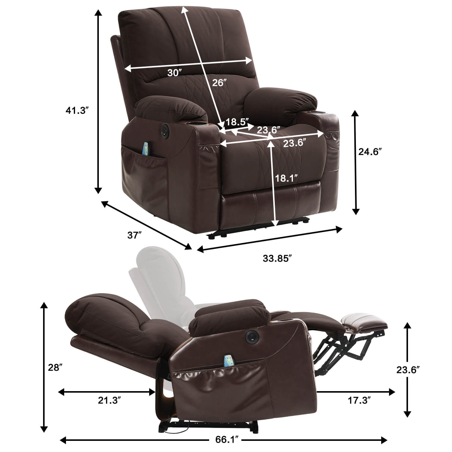 Power Recliner Chair with Heat and Massage, Wall Hugger, Fabric Brown