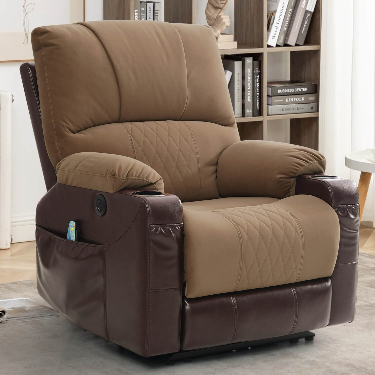 Power Recliner Chair with Heat and Massage, Wall Hugger, Fabric Light Brown