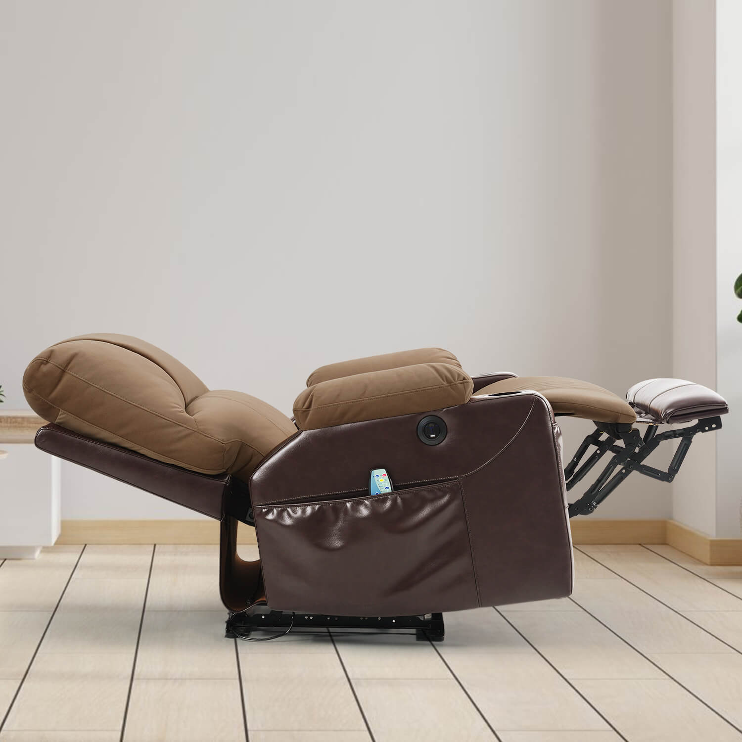 Power Recliner Chair with Heat and Massage, Wall Hugger, Fabric Light Brown