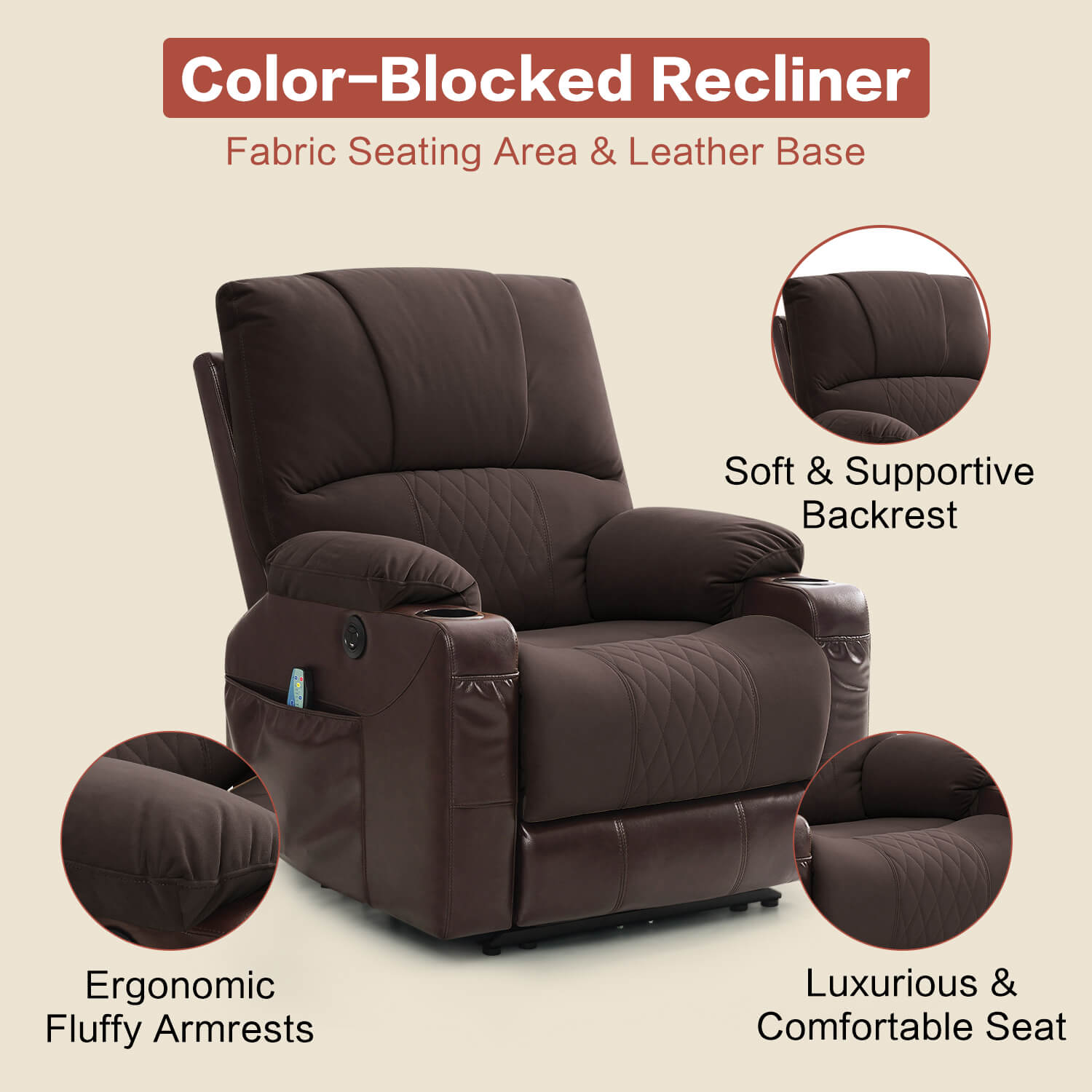 Power Recliner Chair with Heat and Massage, Wall Hugger, Fabric Brown