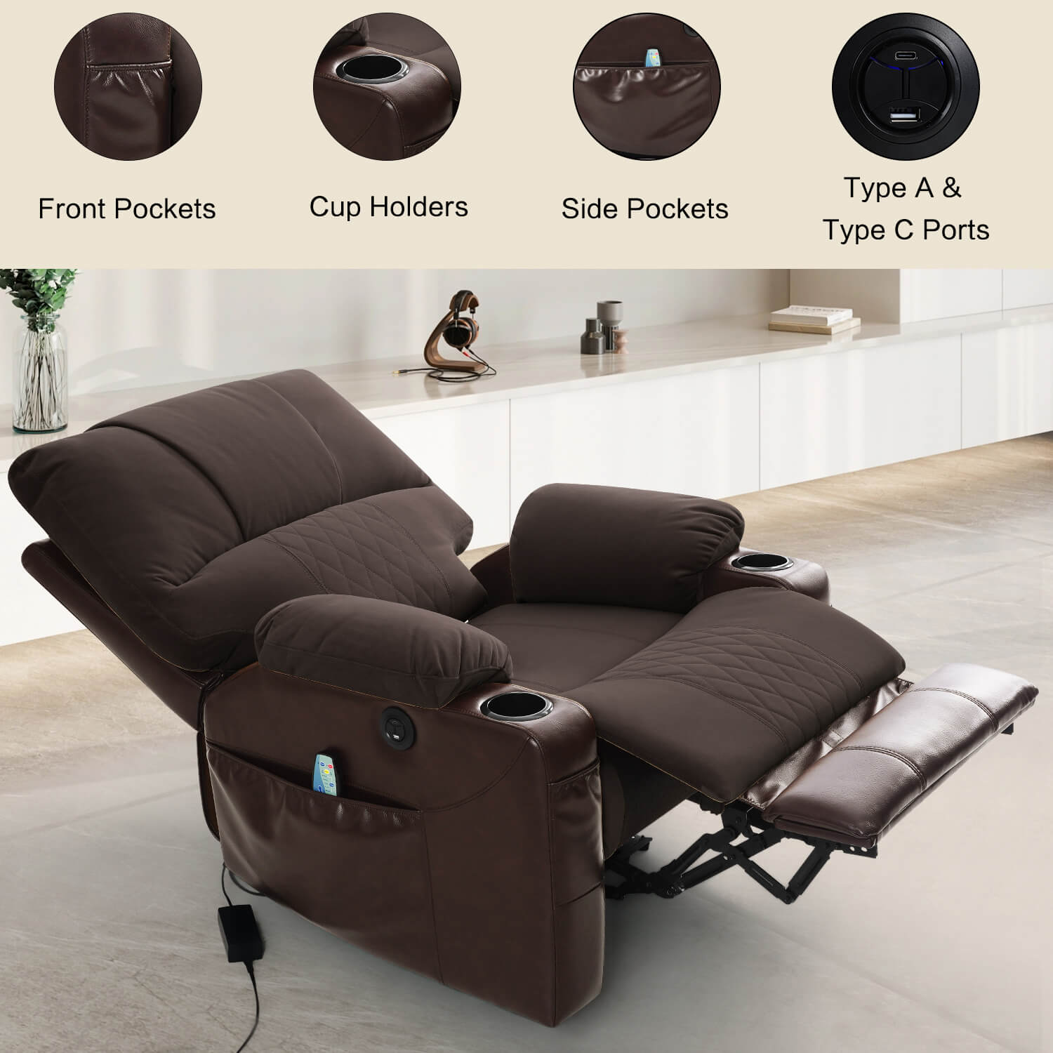 Power Recliner Chair with Heat and Massage, Wall Hugger, Fabric Brown