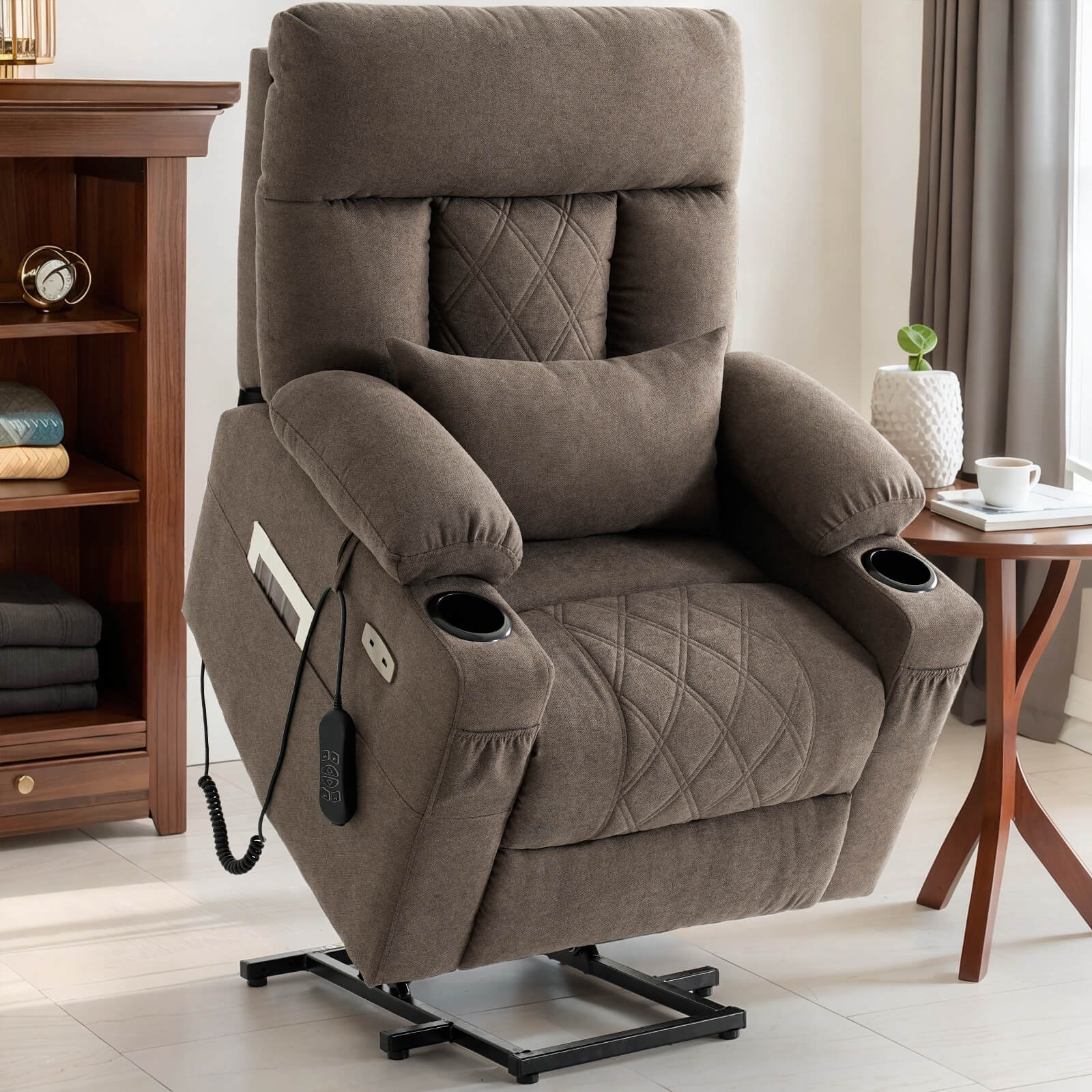 Three Motor Power Lift Recliner Chair with Adjustable Headrest -Brown#Color_Brown