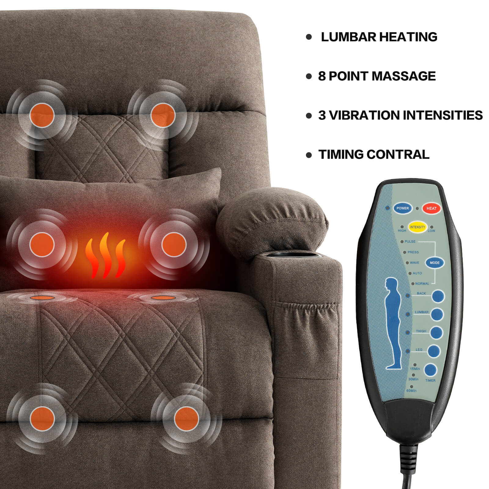 Three Motor Power Lift Recliner Chair with Adjustable Headrest-Brown Massage and heating function#Color_Brown