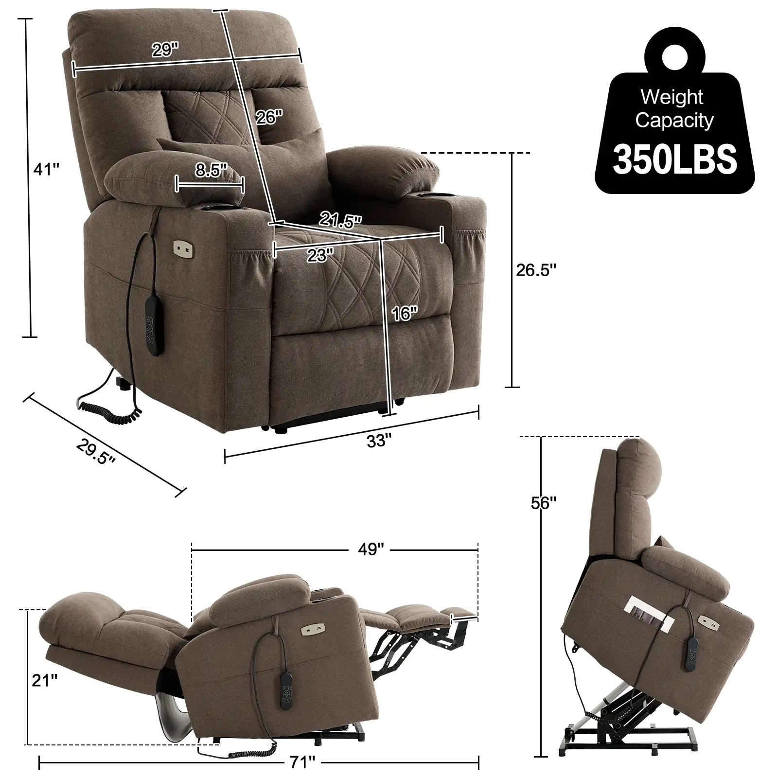 Three Motor Power Lift Recliner Chair with Adjustable Headrest -Brown Product Size#Color_Brown