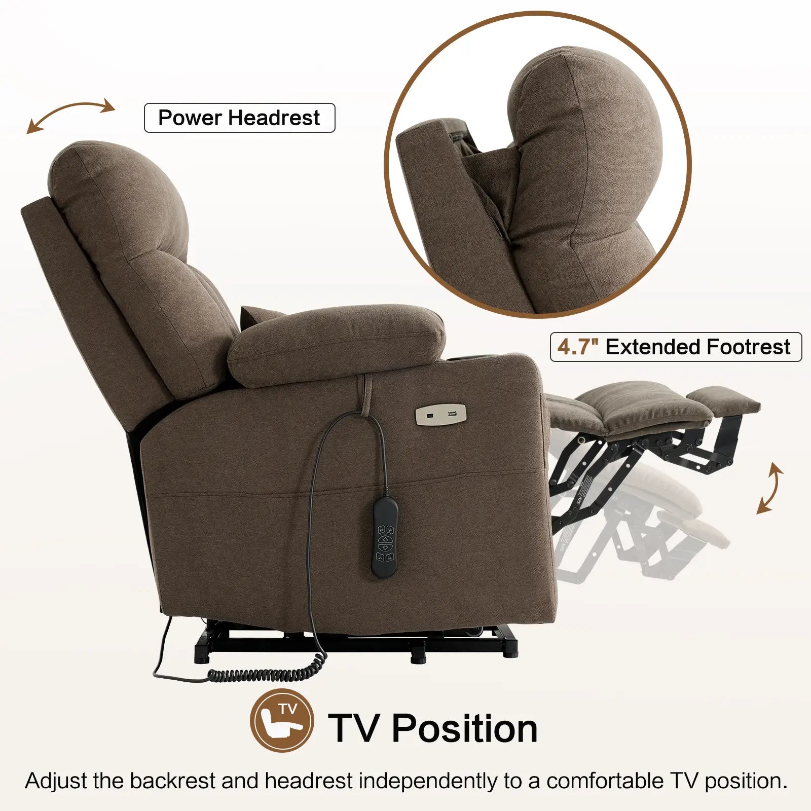 Three Motor Power Lift Recliner Chair with Adjustable Headrest -Brown 4.7" Extended Footrest#Color_Brown