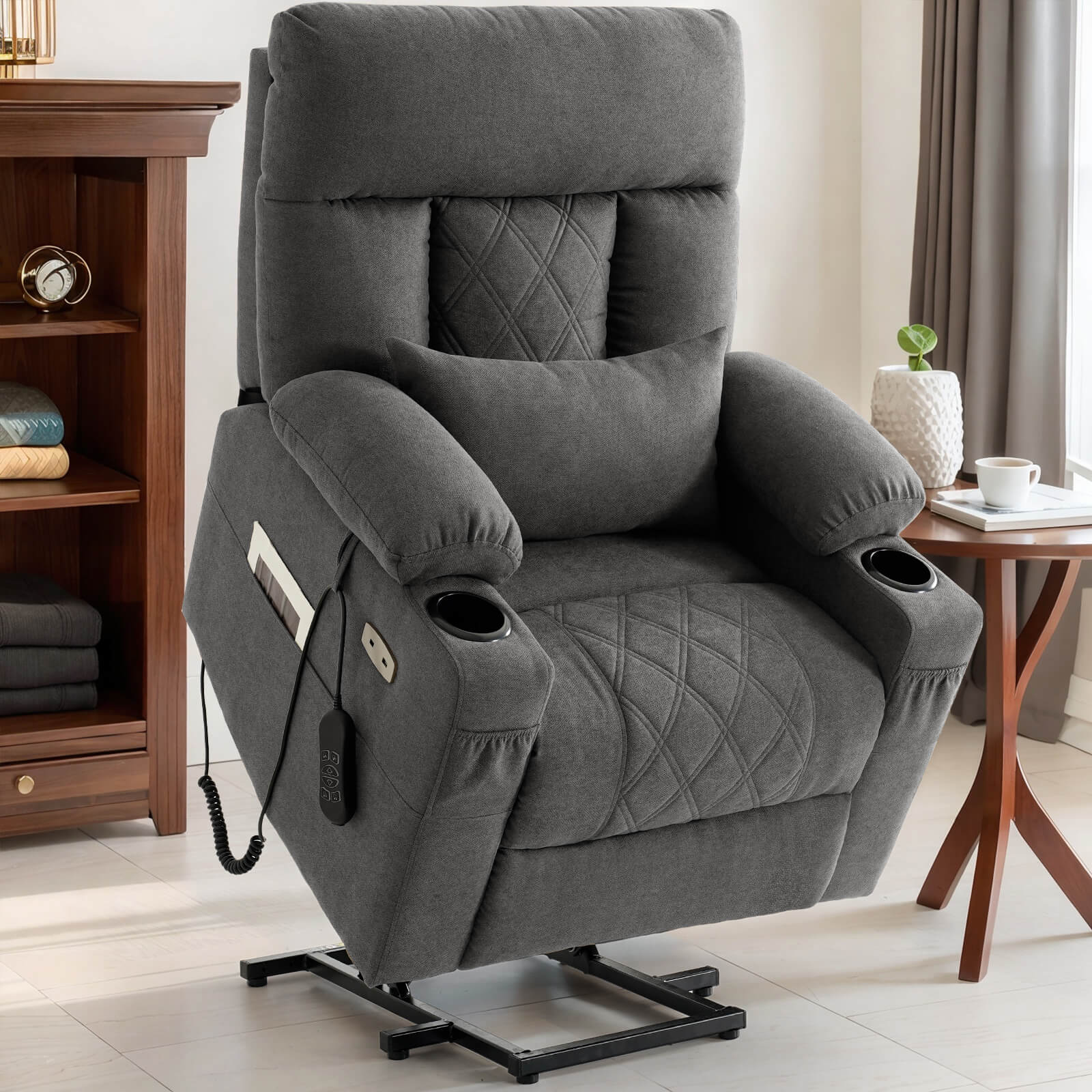 Three Motor Power Lift Recliner Chair with Adjustable Headrest -Grey#Color_Grey