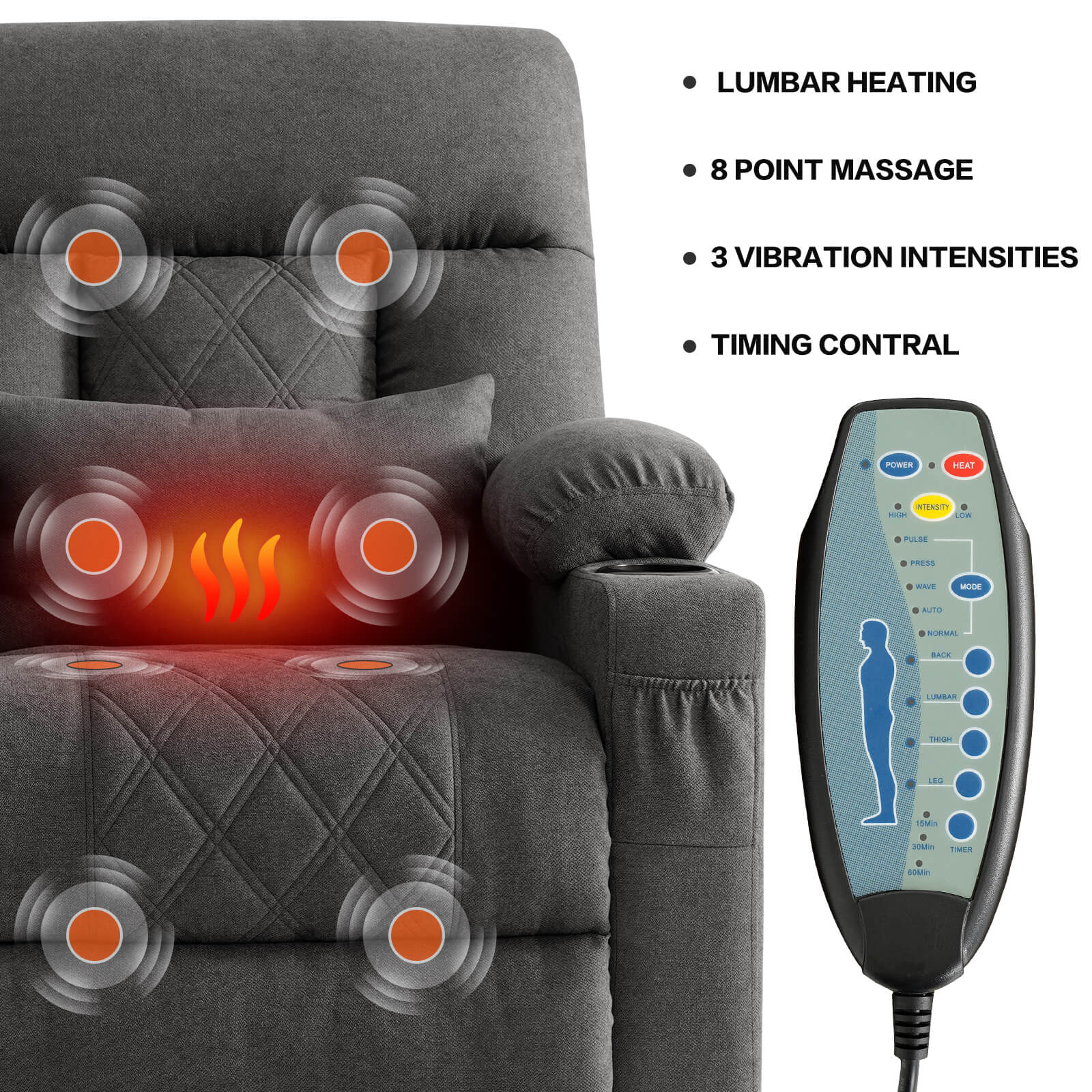 Three Motor Power Lift Recliner Chair with Adjustable Headrest-Grey Massage and heating function#Color_Grey