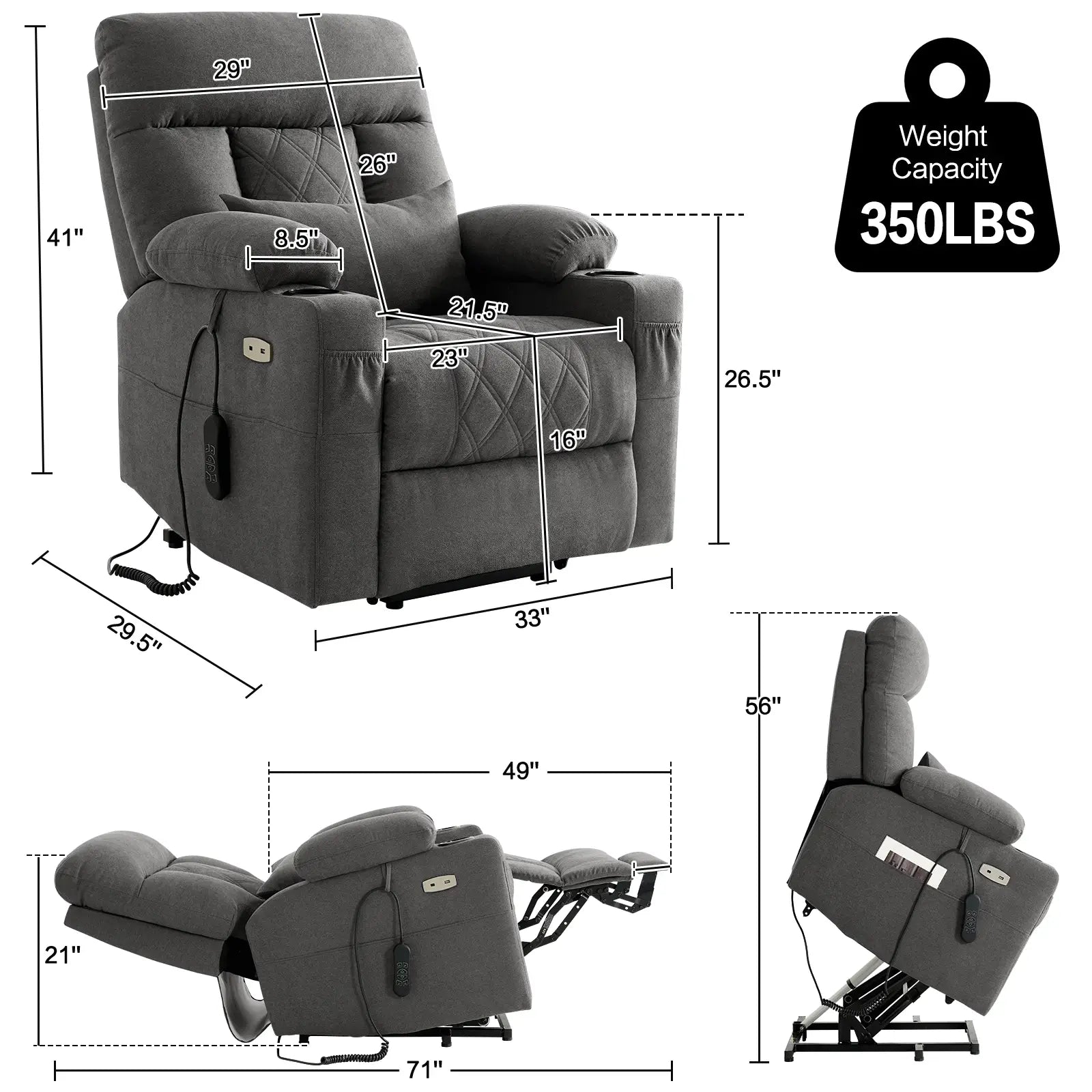 Three Motor Power Lift Recliner Chair with Adjustable Headrest -Grey Product Size#Color_Grey