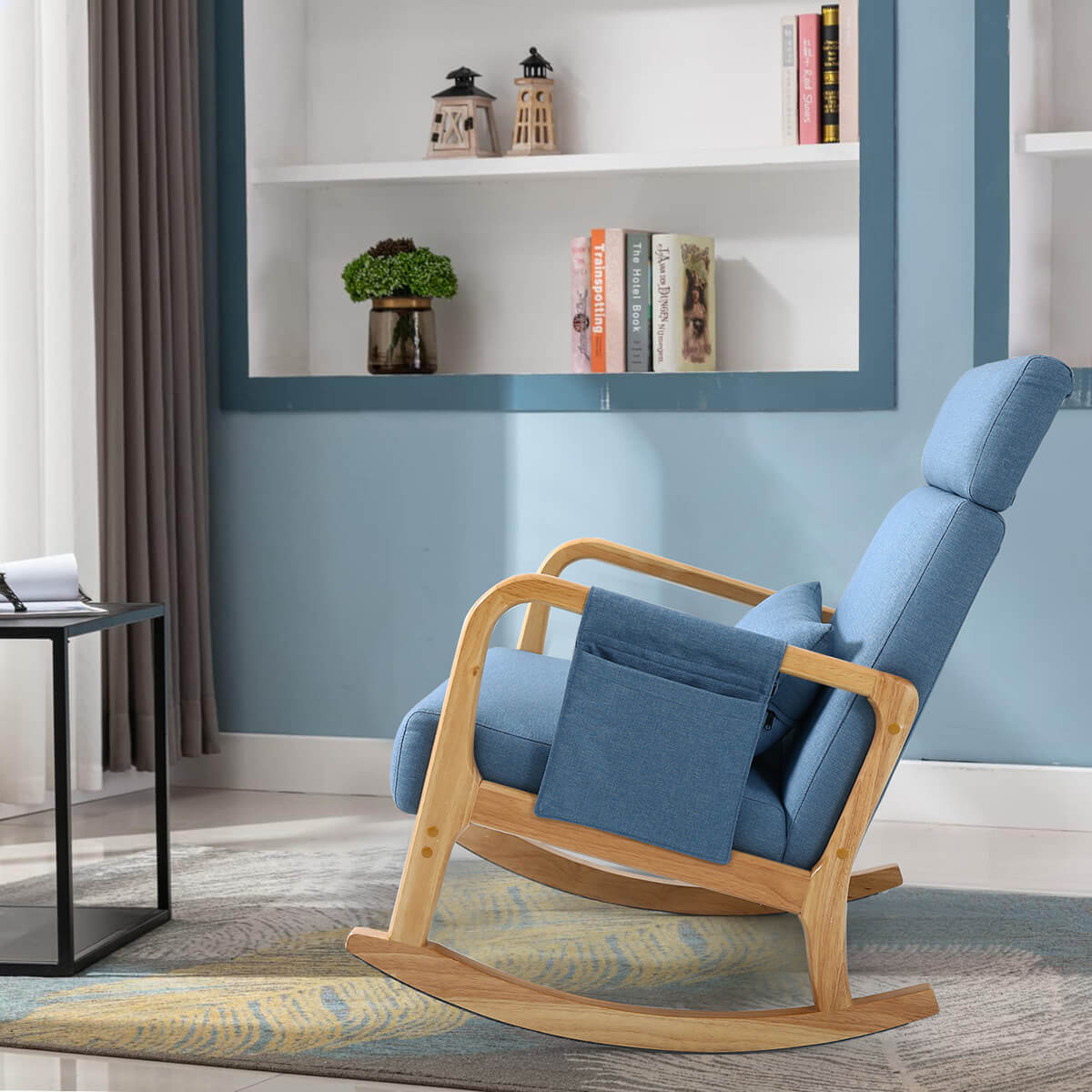 Wooden Rocking Chair Modern Nursery Armchair Blue