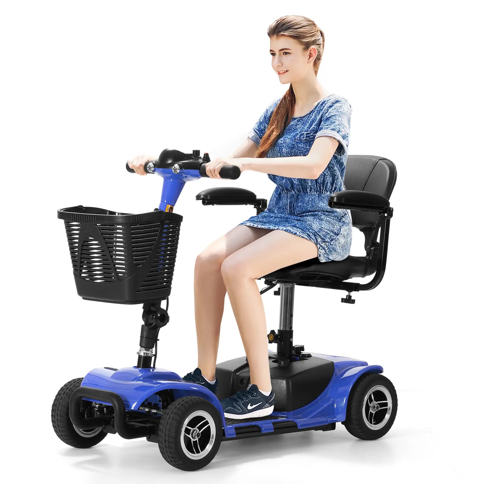 a women on soulout blue mobility scooter