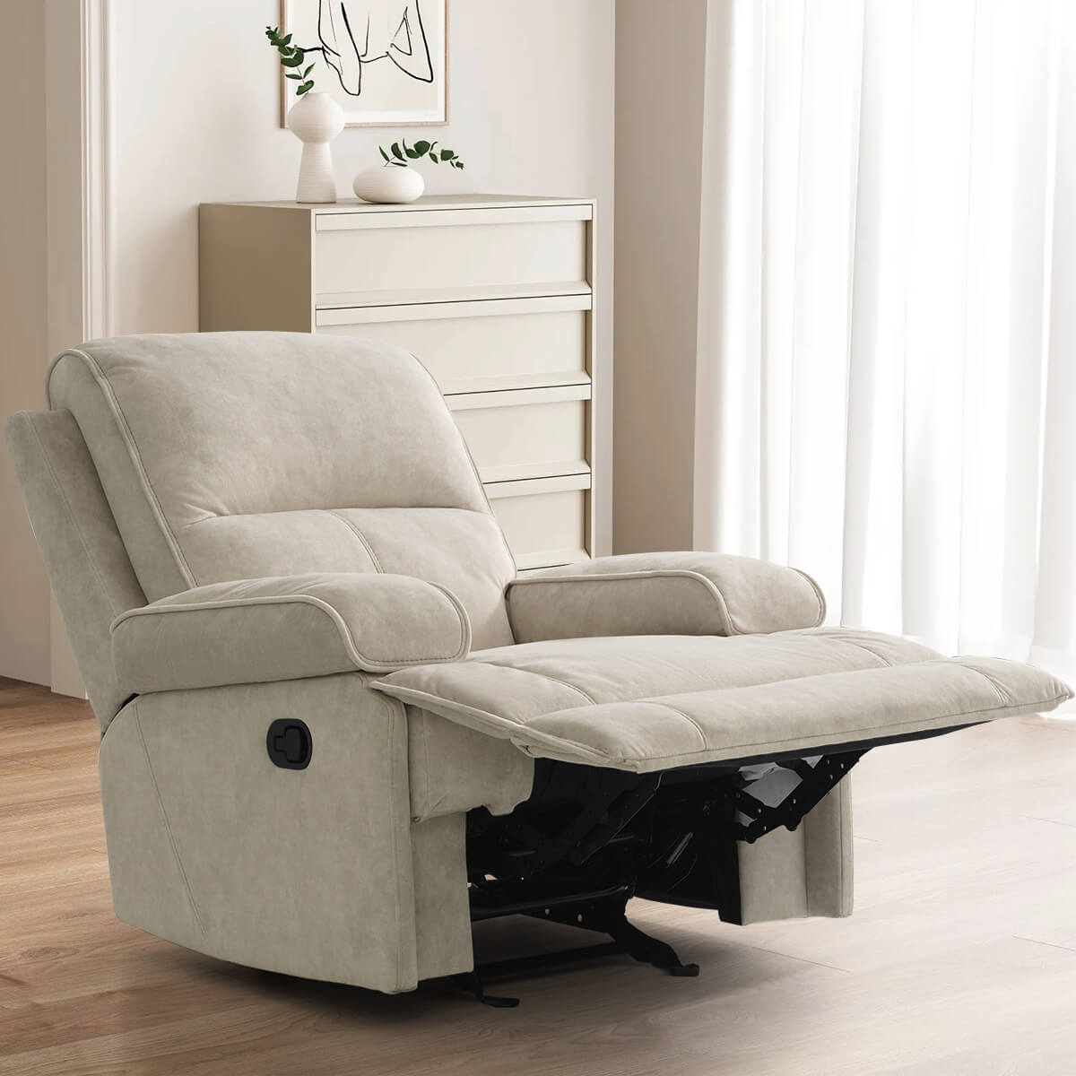 Manual Rocking Recliner Nursery Gliders, Breathable Fabric Beige