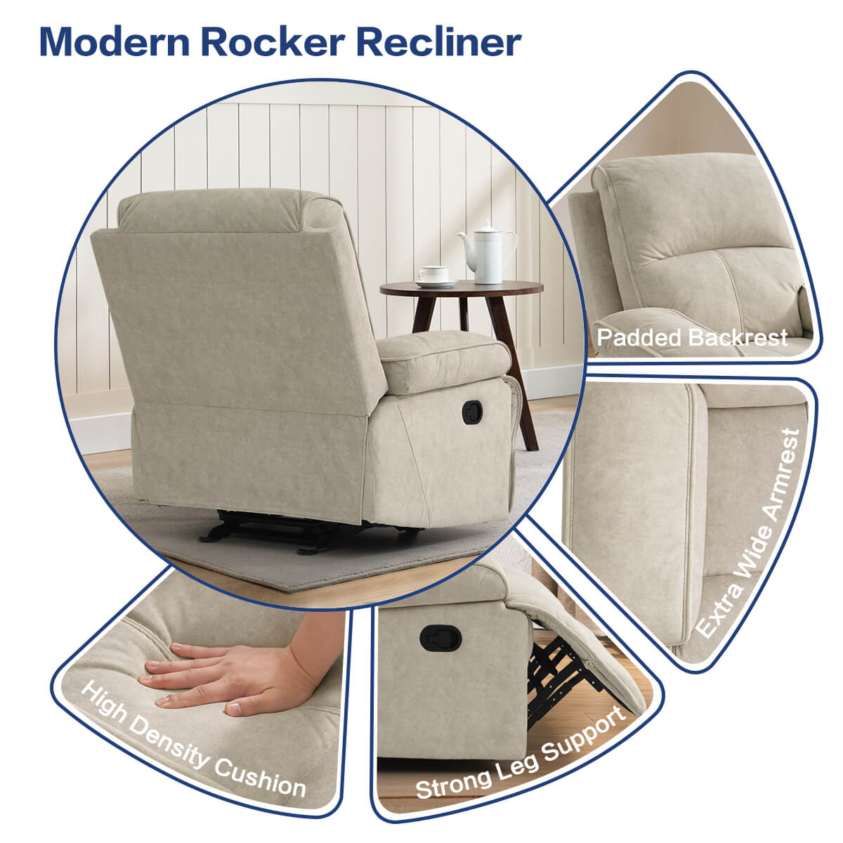 Manual Rocking Recliner Nursery Gliders, Breathable Fabric Beige