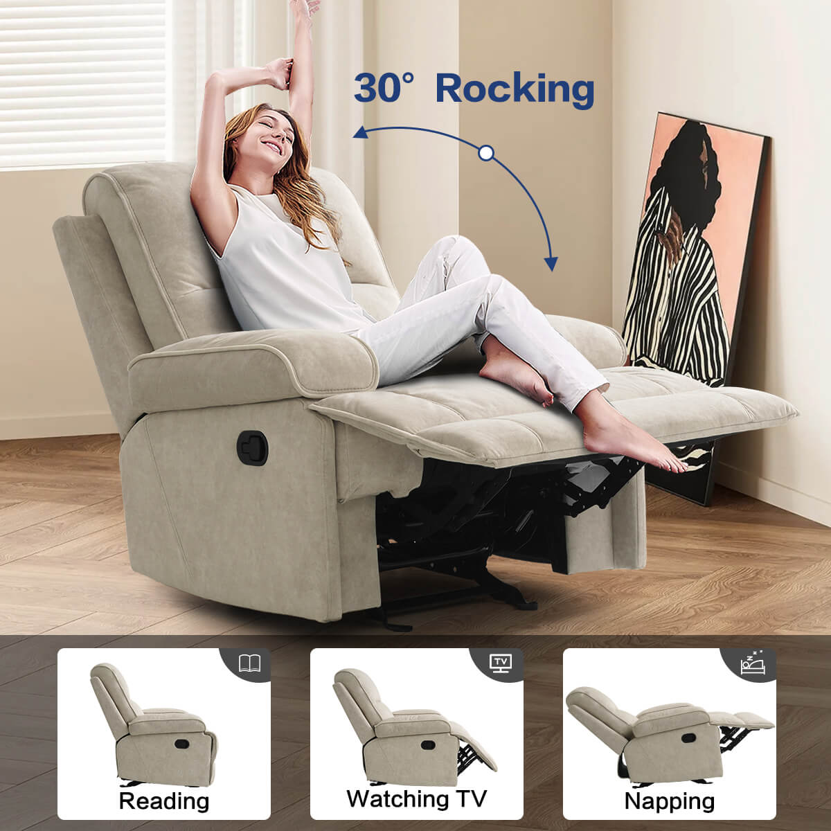 Manual Rocking Recliner Nursery Gliders, Breathable Fabric Beige