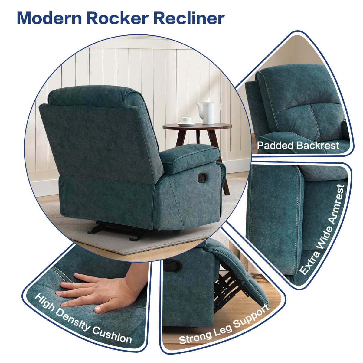 Manual Rocking Recliner Nursery Gliders, Breathable Fabric Blue