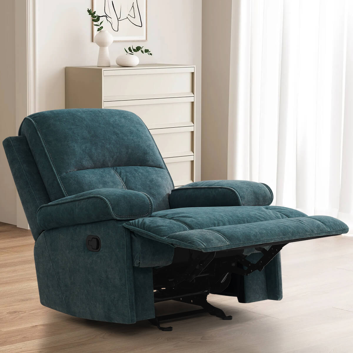 Manual Rocking Recliner Nursery Gliders, Breathable Fabric blue