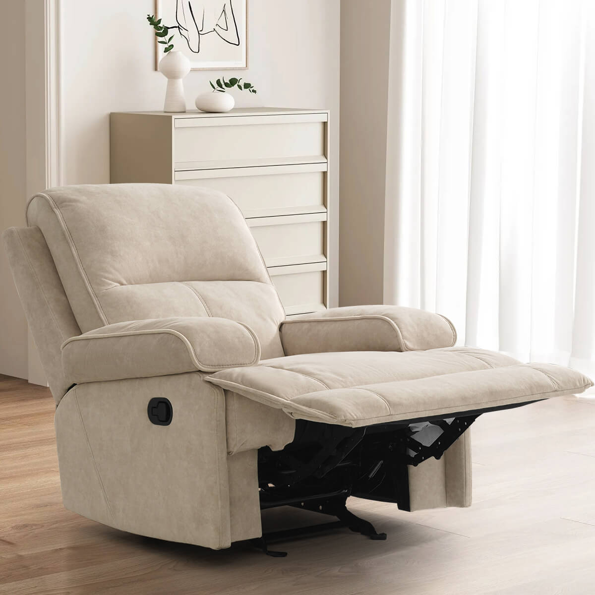Manual Rocking Recliner Nursery Gliders, Breathable Fabric Flaxen