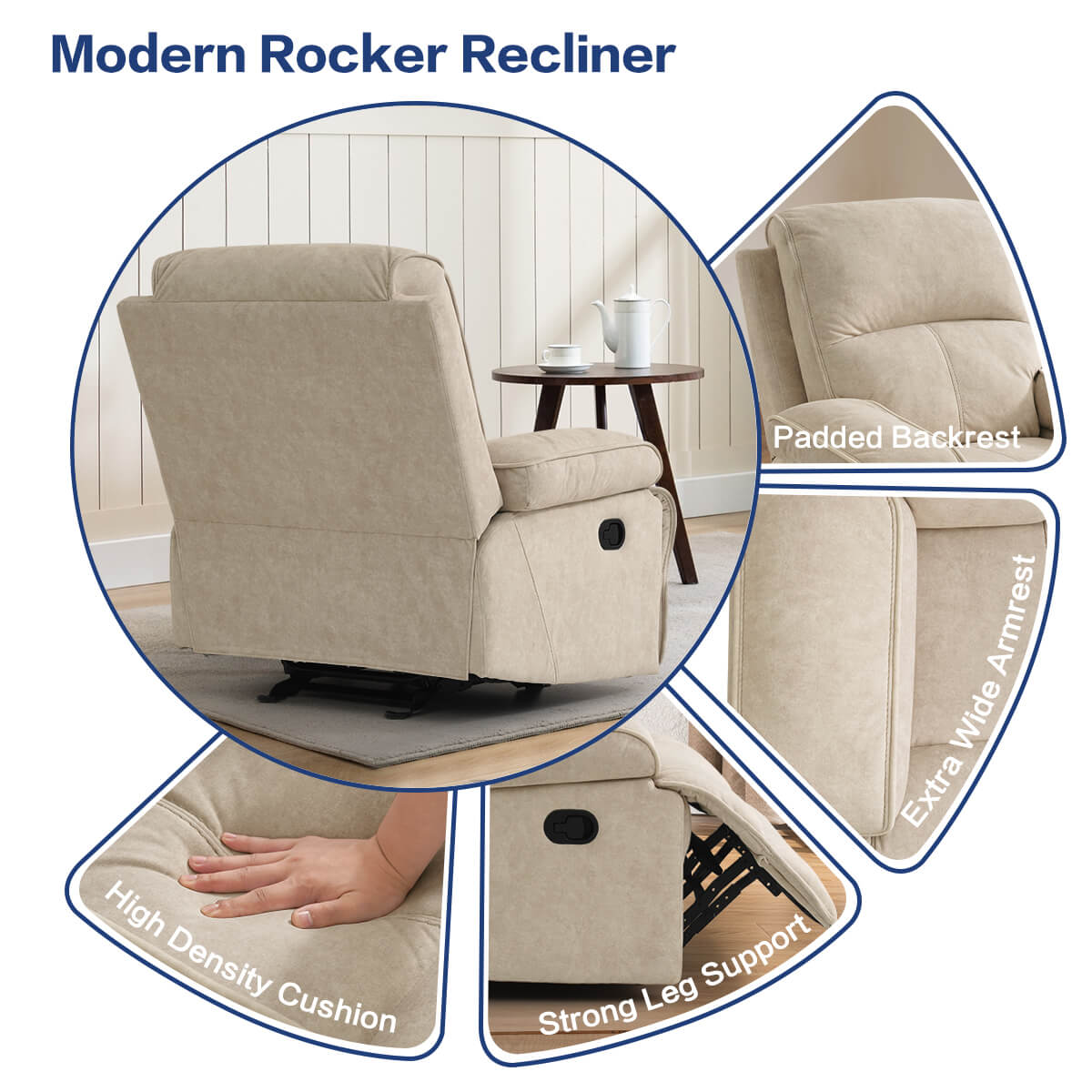 Manual Rocking Recliner Nursery Gliders, Breathable Fabric Flaxen