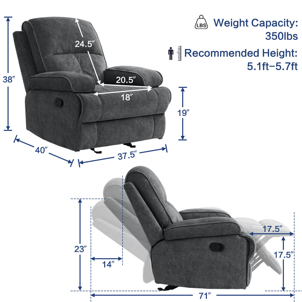 Manual Rocking Recliner Nursery Gliders, Breathable Fabric Grey