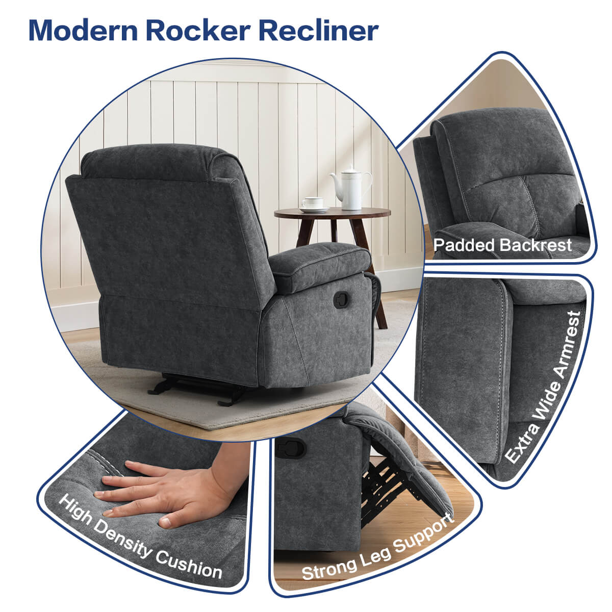 Manual Rocking Recliner Nursery Gliders, Breathable Fabric Grey