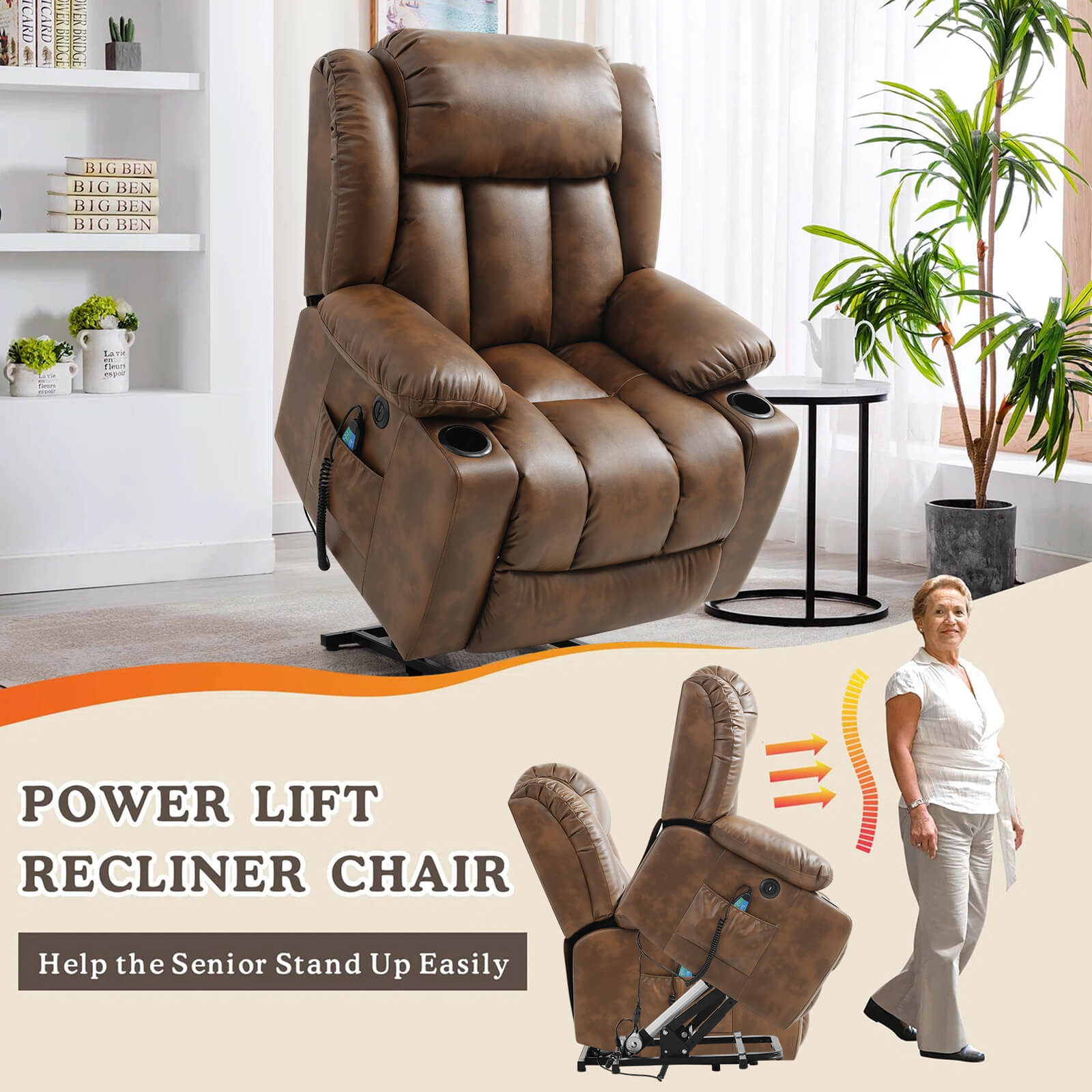 Luxury Lift Chair Recliner with Heat and Massage, Breathable Leather light brown