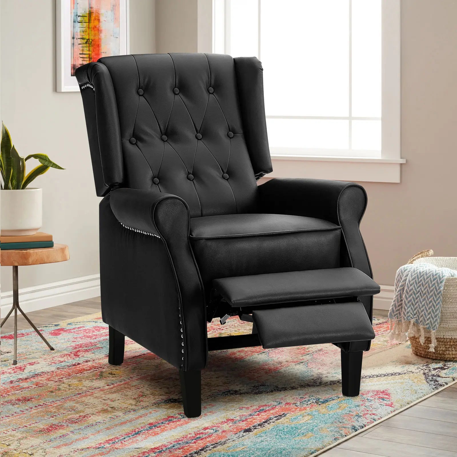 Tufted Faux Leather Wingback Chair Recliner,Black
