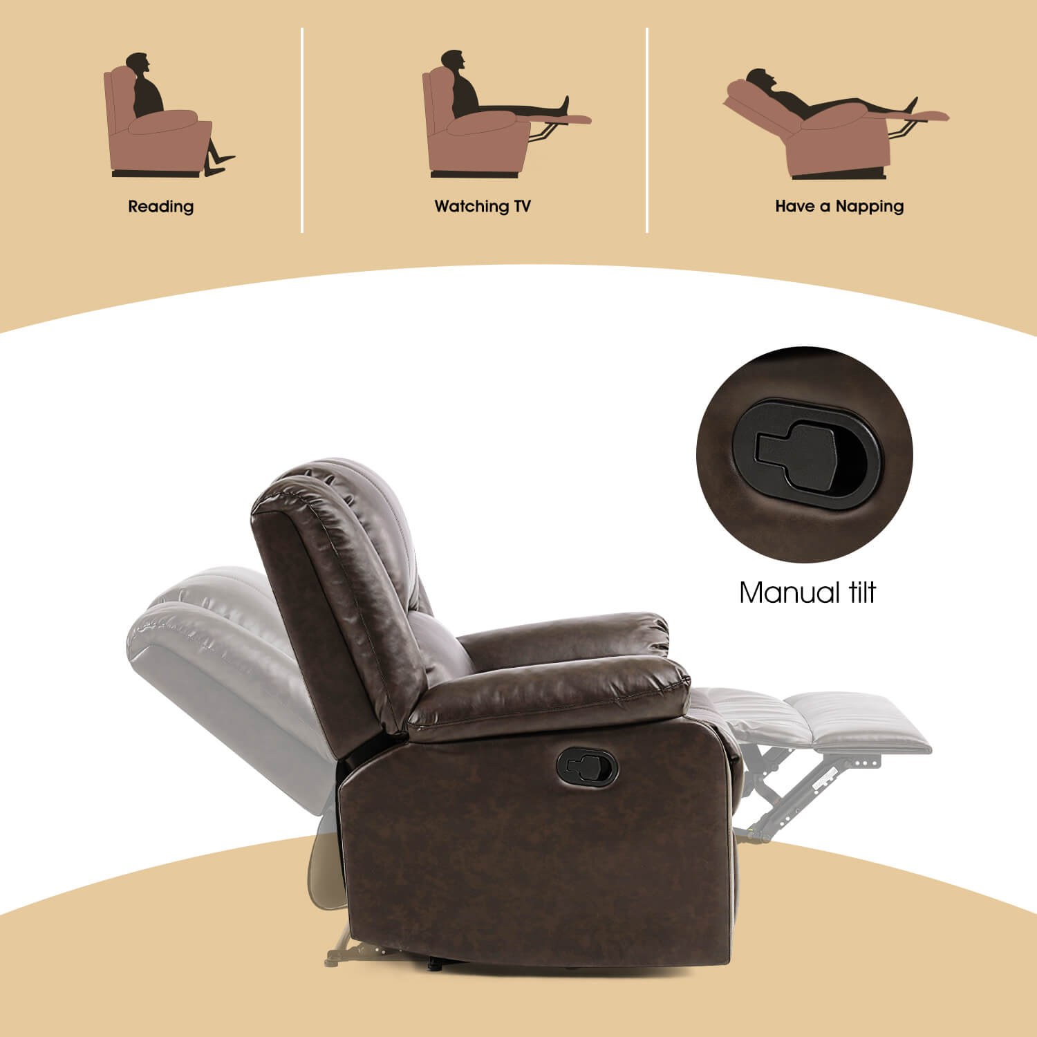 3 Position Manual Leather Recliner Chair for Living Room, Brown