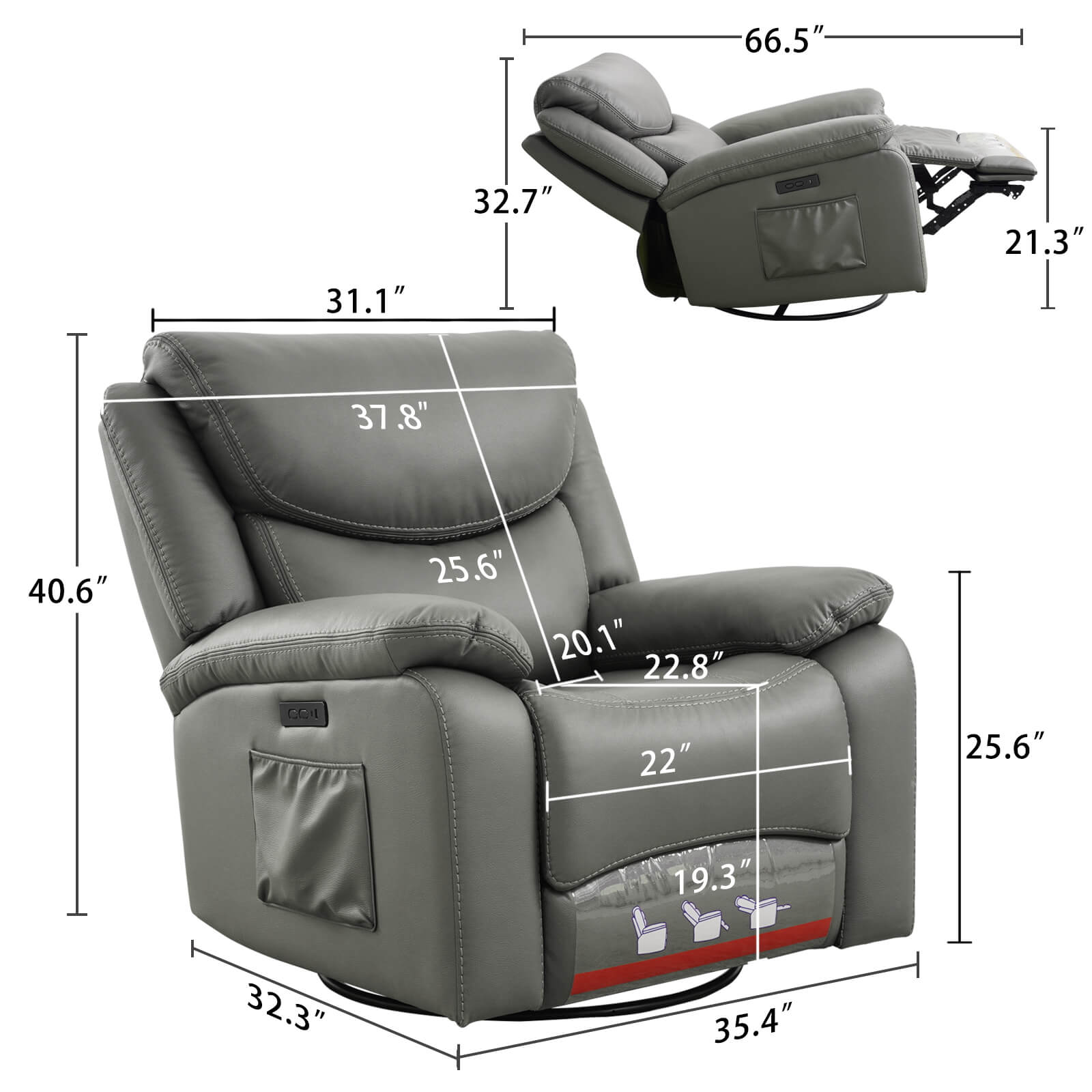 Soulout Swivel Glider Rocking Recliner Power Reclining Chair Size