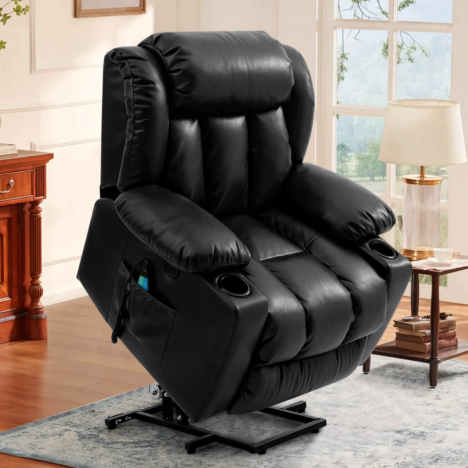 soulout black lift chair in the raised position