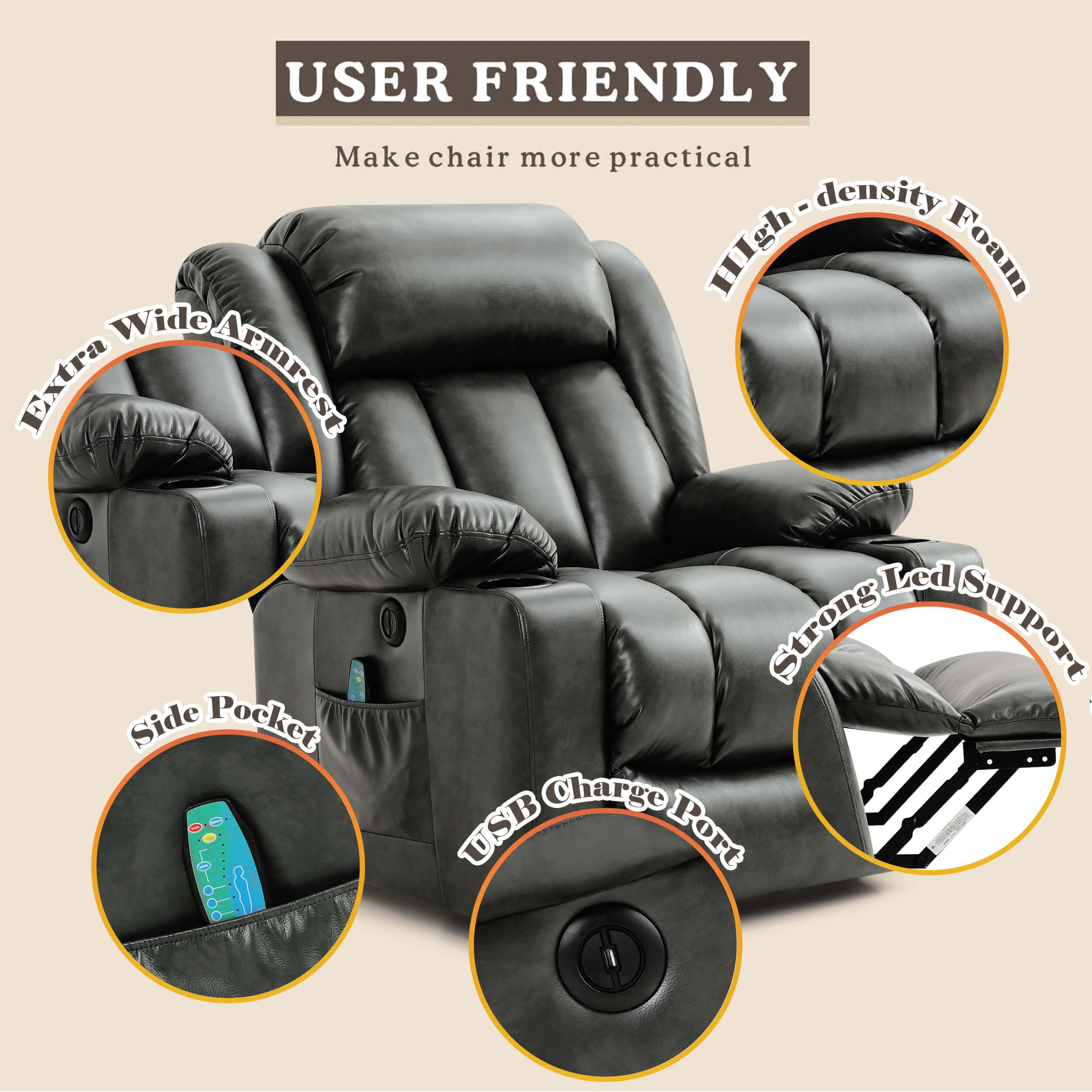 Recliner with heat massage and online lift